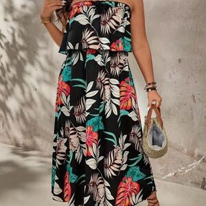 Strapless Tropical Leaf Print Dress